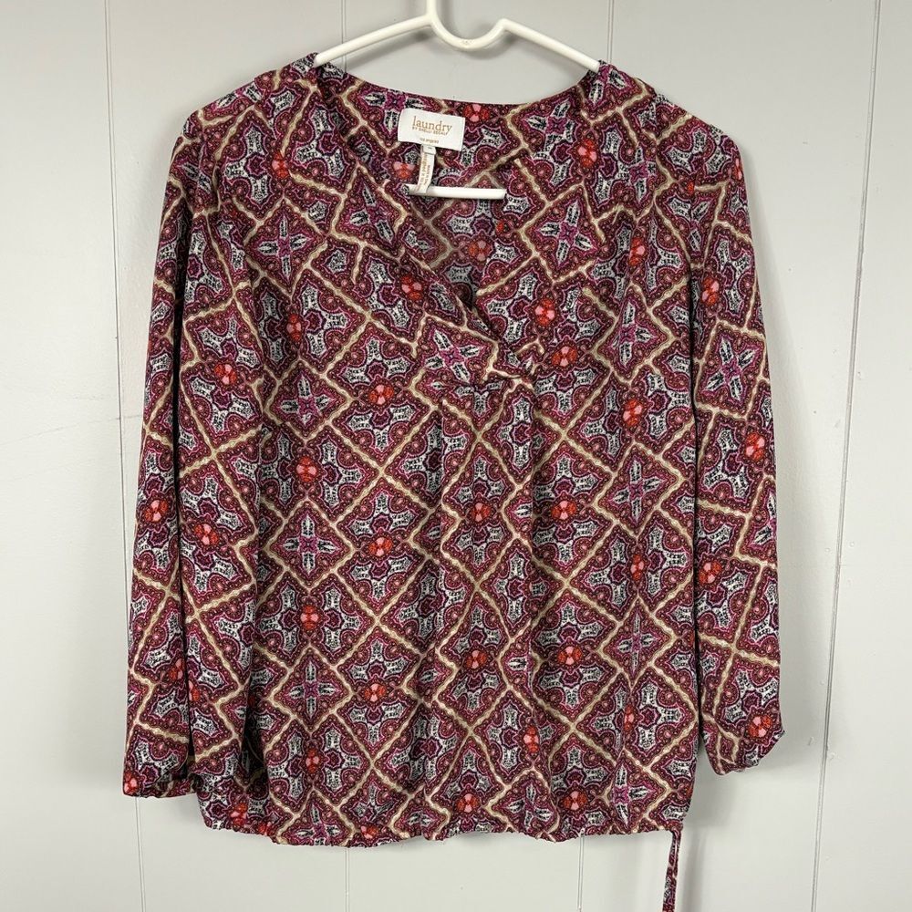 Laundry by Shelli Segal Tunic Top Adjustable Waist Boho Geometric Bishop Sleeve